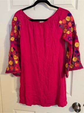Gibson Latimer Embroidered Boho Tunic Dress Pink Floral Sleeve Size S/M